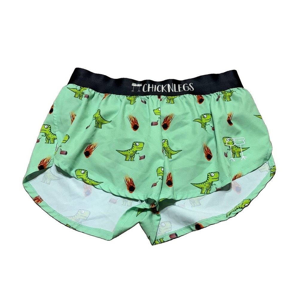 Chickn Legs Womens L Dino-Sore 1.5" Split Running Shorts Lined Graphic